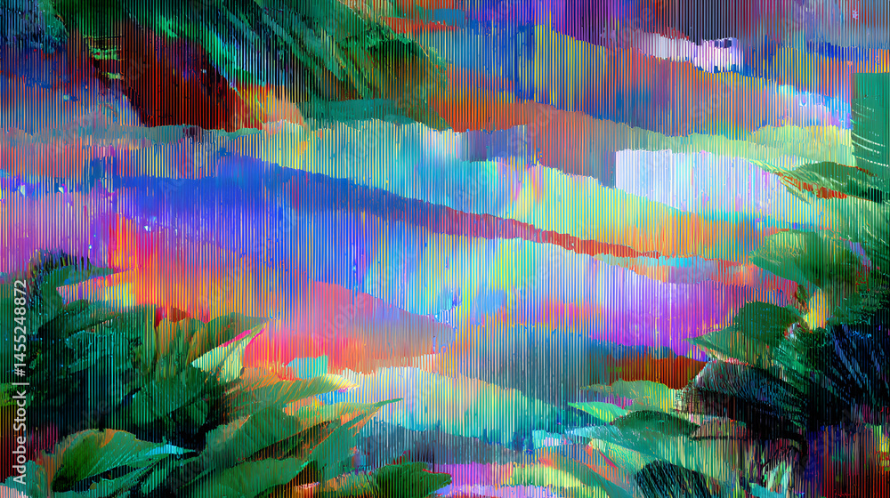 Poster abstract digital artwork featuring a colorful glitch effect overlay with interwoven vertical lines a