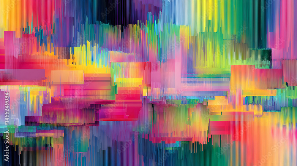 Poster a vibrant symphony of color and digital distortion exploring the beauty of glitch art through abstra