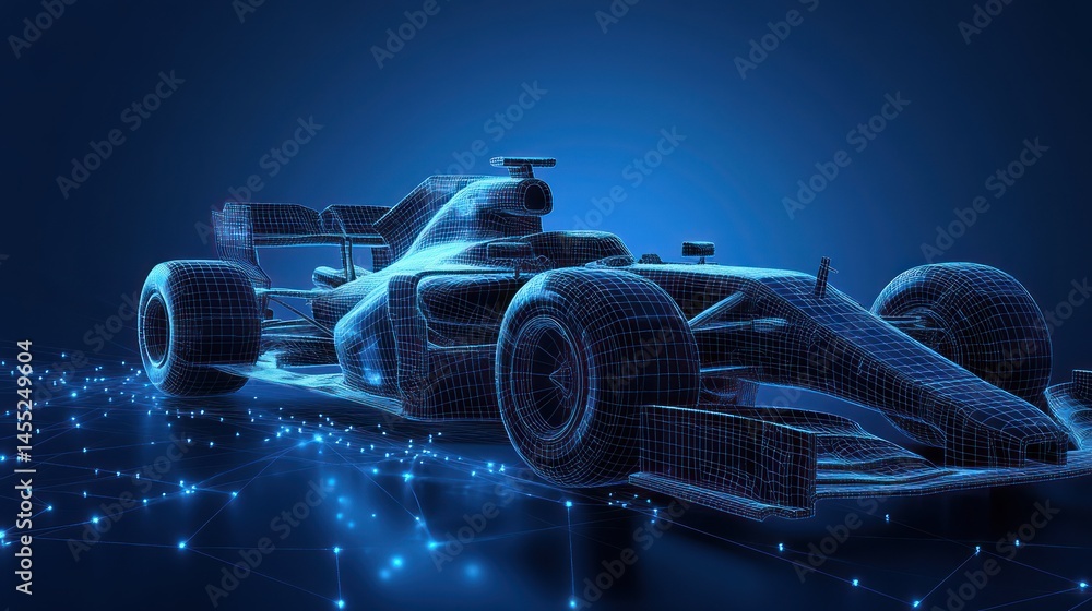 Poster futuristic race car with wireframe design emphasizing advanced technology
