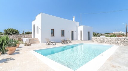 Fototapeta premium White-walled modern villa with exposed concrete terrace and poolside view