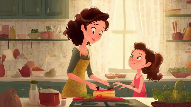 Loving Mother Cooking with Her Daughter in Cozy Kitchen Scene