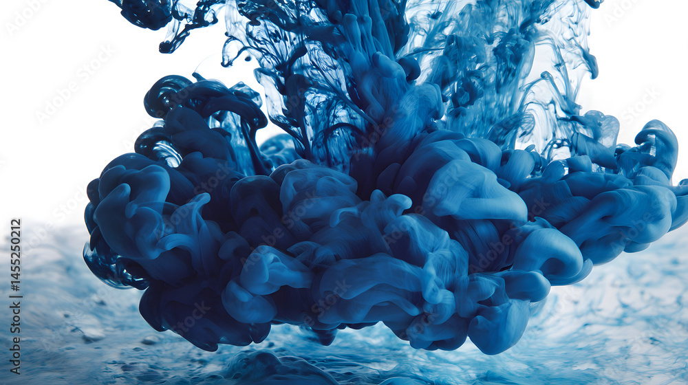 Poster a deep blue ink cloud dissolving in water creating a dreamy and ethereal effect against a clean whit