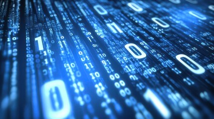 Digital binary code streams cascading downwards.  Binary data in motion, illuminated in bright, cool blue tones.  A visual representation of digital information