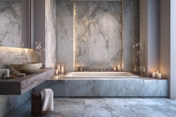Serene spa-like bathroom with a freestanding bathtub and marble walls.  The calming neutral tones create a relaxing atmosphere.