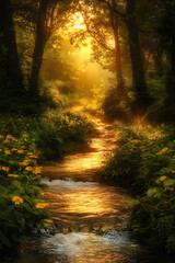 Fototapeta premium Tranquil Brook at Dusk: Embracing Nature's Serenity in a Verdant Forest