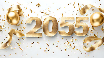 Sparkling golden 2055 new year celebration with confetti and elegant decorations