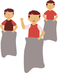 Three Boys in a Sack Race, Cheerful Children's Illustration