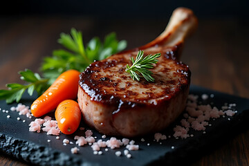 Grilled pork chop cooking demonstration rustic kitchen food photography dark setting close-up