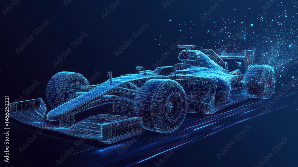 Poster futuristic visualization of formula one racing car with digital rendering