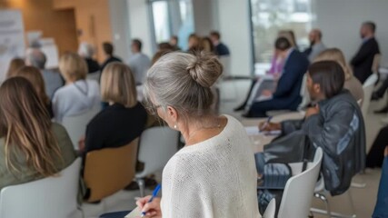 An image of a financial wellness seminar where a speaker discusses the benefits of automated investment management to an engaged audience.