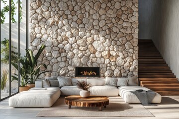 Modern living room with stone wall and comfortable seating.
