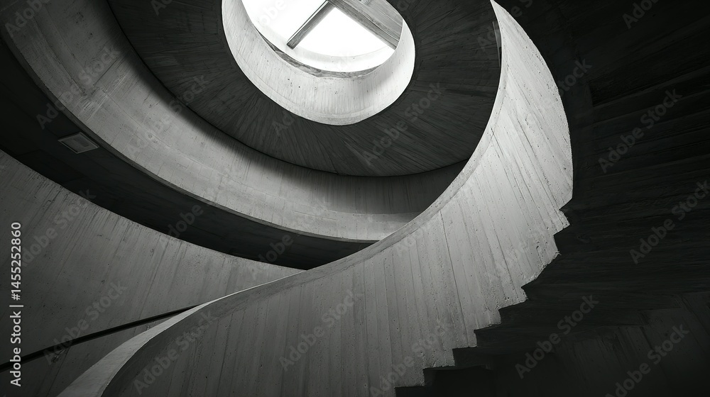 Poster abstract spiral staircase design within a modern structure.