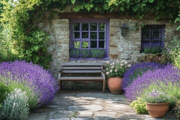 Charming old cottage with stone walls and lush flowers in garden
