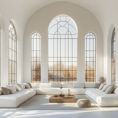 Spacious, minimalist living area with large windows.