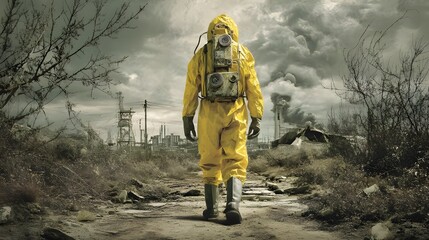 Fototapeta premium Captivating Movie Poster of a Research Scientist in Hazmat Suit Investigating Unknown Hazards with High Stakes Drama and Bold Title Typography
