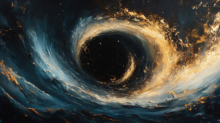 
Abstract black hole in space with swirling white, gold, and silver tones symbolizes the mystery of the universe, gravitational power, cosmic infinity, and the pull of the unknown.

