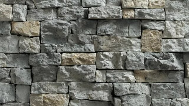 Close-up of textured gray stone wall with beige variations, showing the pattern and texture of stacked rock masonry with strong stonework details
