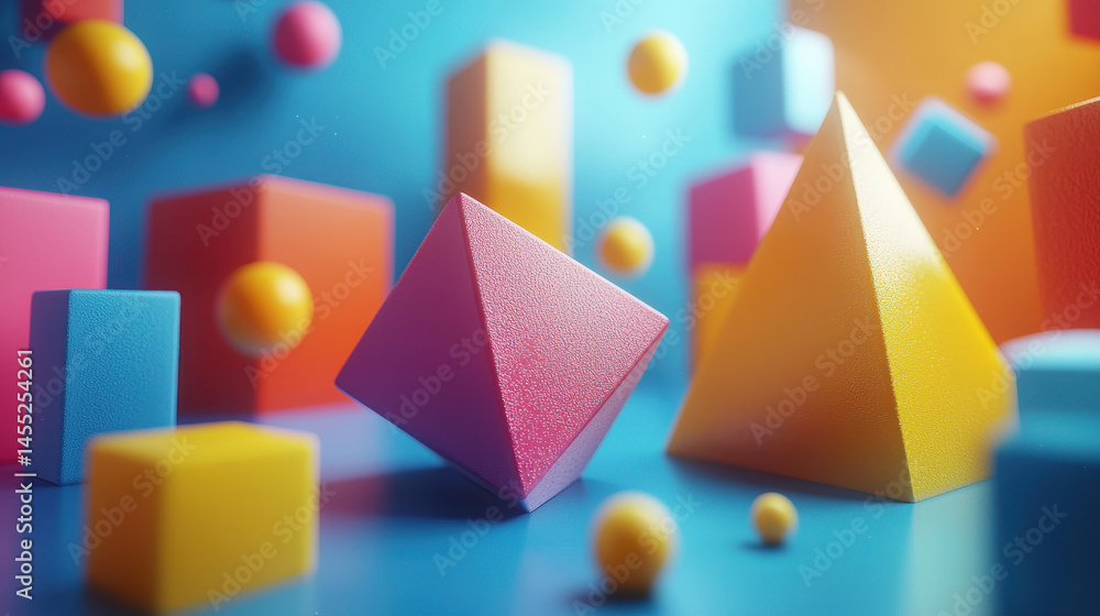 Aufkleber playful arrangement of 3d geometric shapes in vibrant colors creates a realistic and captivating 4k 