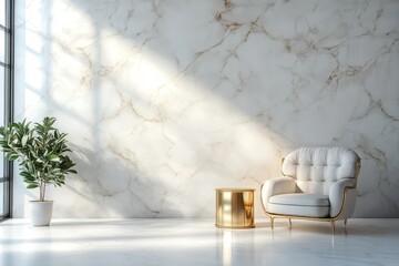 Modern minimalist interior featuring a luxurious armchair.