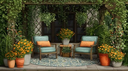 Obraz premium Transform Any Backyard into a Garden Alcove with Cozy Armchairs on a Patterned Rug Oasis