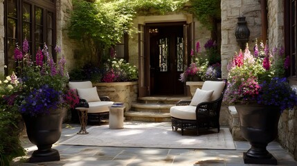 Fototapeta premium Enjoy Serenity on a Secluded Patio Featuring Elegant Seating and Luxurious Plush Accents Within Nature