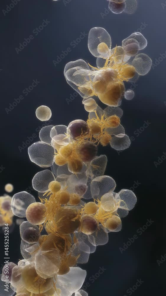 Poster abstract close-up of translucent cellular clusters with yellow filament structures against a dark gr