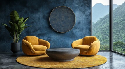 Contemporary living room with mountain view.