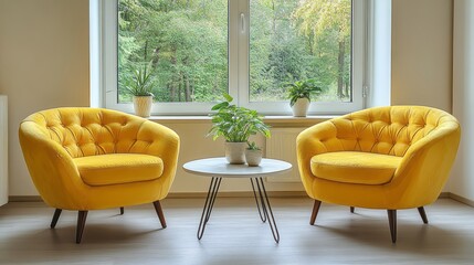 Two vibrant yellow armchairs near a small white table.