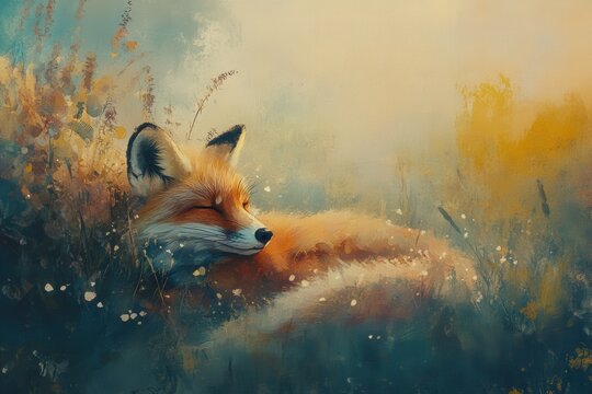 A serene red fox resting peacefully in a vibrant meadow filled with wildflowers at sunset