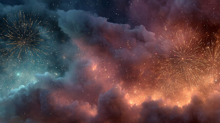 Abstract firework background with vibrant bursts of light radiating across a dark sky, leaving large empty space for text, symbolizing joy, celebration, and new beginnings.

