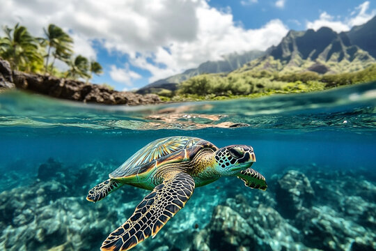 Graceful sea turtle swimming peacefully in crystal clear tropical waters