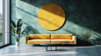 Contemporary living room featuring mustard yellow furniture and a large circle.