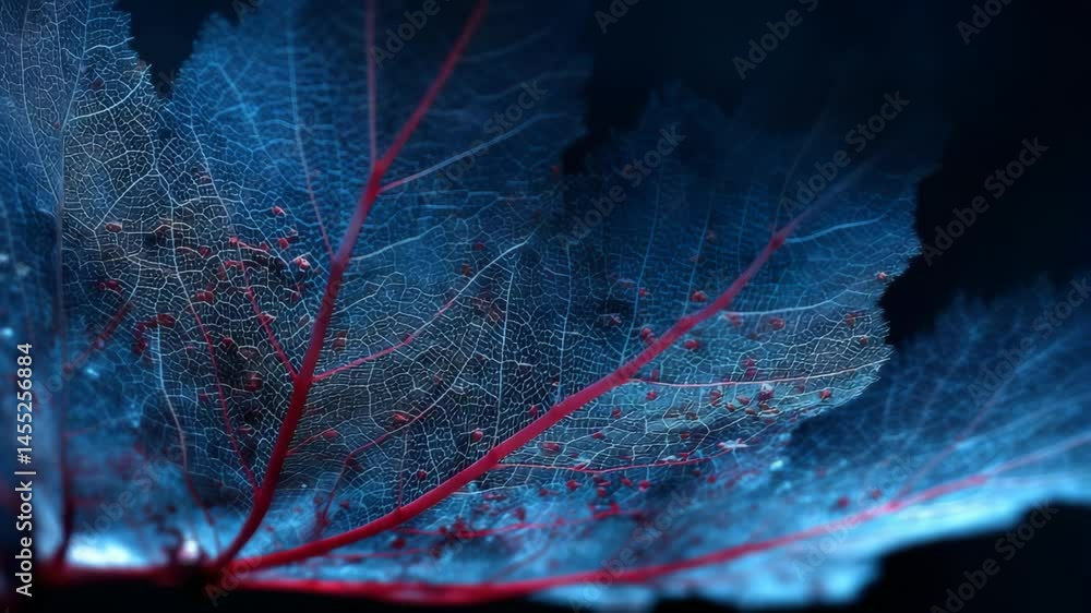Poster translucent leaf veins macro, glowing blue with intricate network of fine lines and red accent, orga