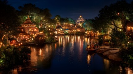 Fototapeta premium Experience a Mystical Residence Surrounded by Radiant Rivers of Light Illuminating the Most Hidden Corners