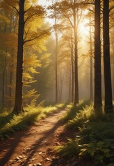 Fototapeta premium Golden hour light bathes a panoramic forest, showcasing sunlit leaves , panorama, green
