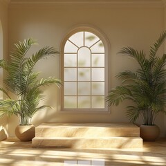Beige interior room with arch window and plants.