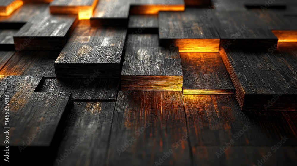 Poster realistic 4k geometric background with creative, dark wooden blocks arranged in a 3d pattern and sub
