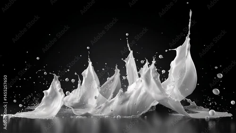 Poster dynamic splash of white liquid against a dark backdrop creating abstract shapes and droplets, ideal 