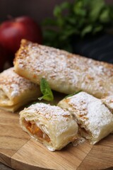 Tasty apple strudels with powdered sugar and mint on table, closeup