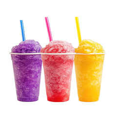 Three colorful flavors of slushies with straws in a take away cup, isolated on white background.