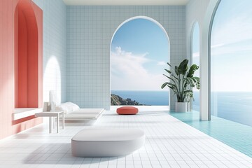 Plakat Interior of modern bathroom with sea view.