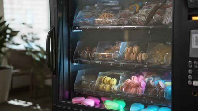 A vending machine equipped with a QR code scanner showcasing artisan chocolates and gourmet snacks illuminated by colorful LED lights.