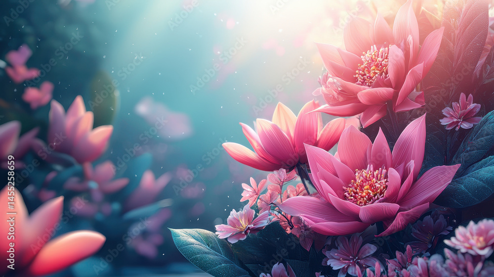 Poster 3D floral background featu dynamically realistic pink lotus flowers at a side angle in 4K resolution, beautifully illuminated with a soft and ethereal light.