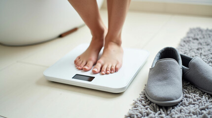 Bare feet step onto a white digital bathroom scale placed on a light-colored tiled floor partially covered by a fluffy gray rug