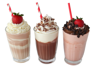 Three milkshakes collection, vanilla, strawberry, chocolate, with a straw on top, isolated on white background.