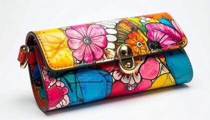 colorful painted handbag, white background 