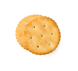 Stack of tasty salty crackers isolated on white, top view