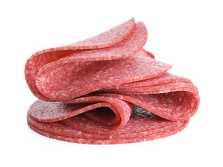 Slices of tasty smoked sausage isolated on white