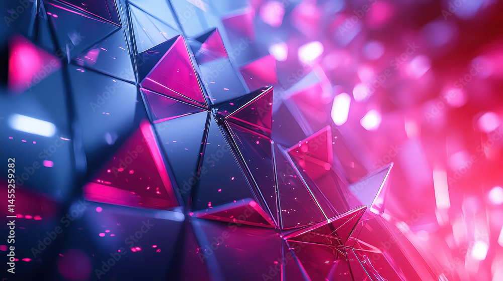 Poster dynamic 4k visual with realistic 3d triangles arranged on a geometric background with pink and blue 
