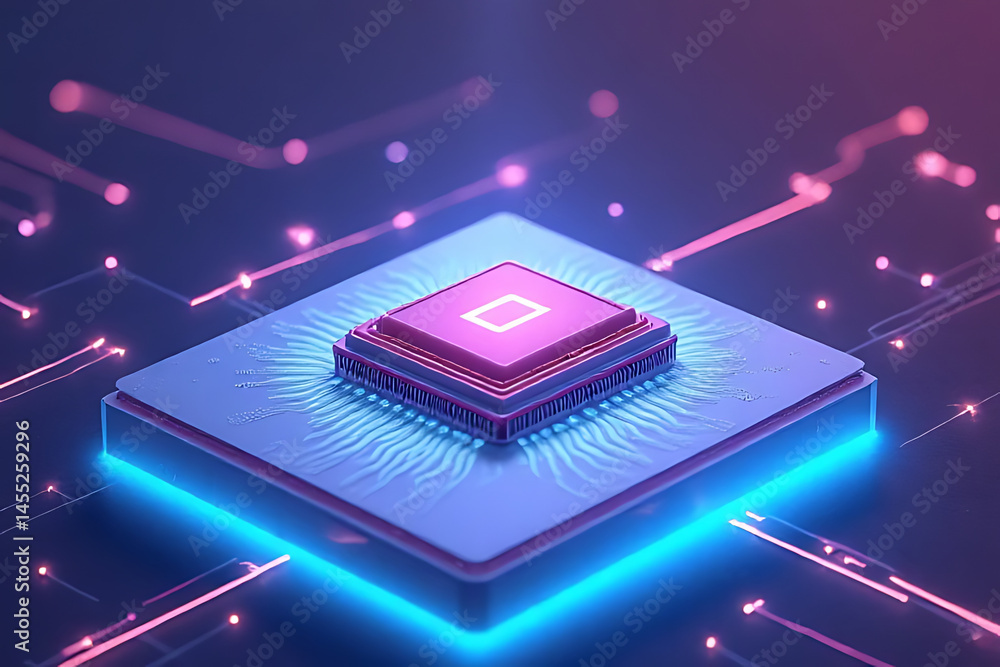 Poster close-up on innovative quantum computing futuristic chip design and digital technology